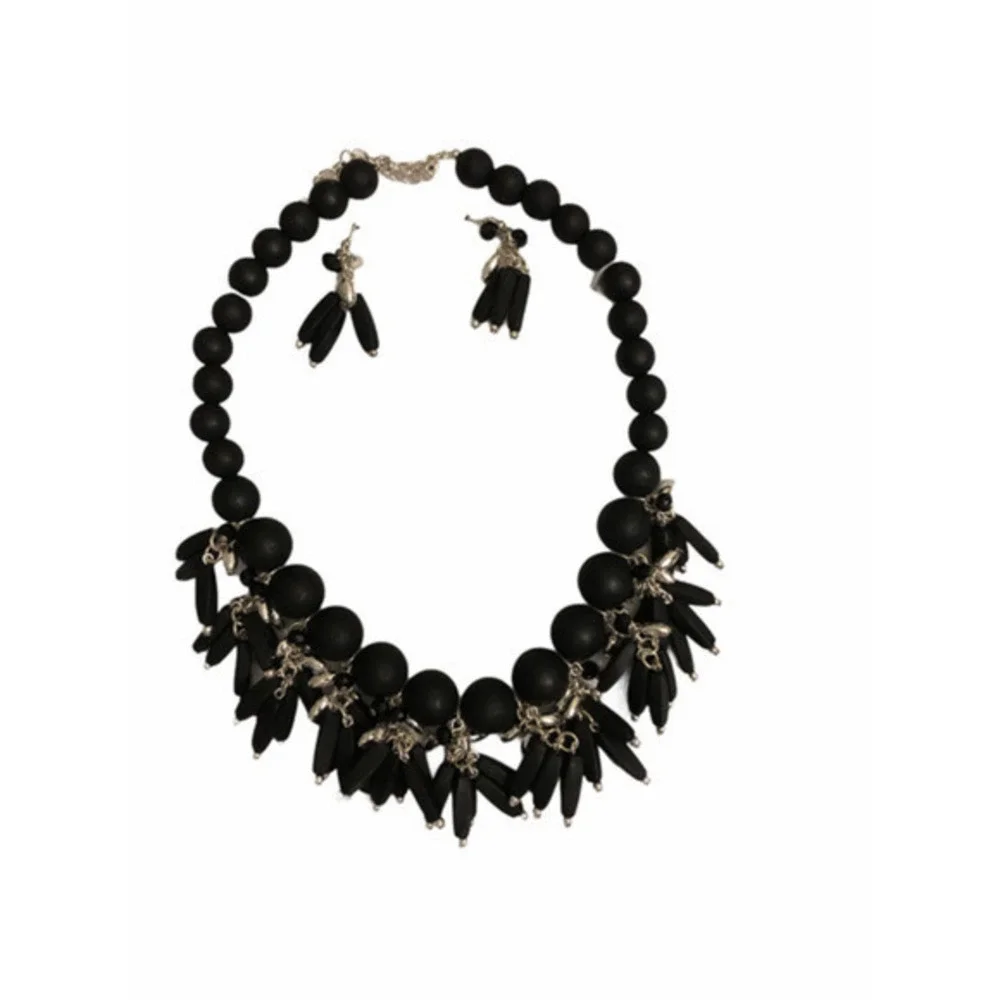 Jewelry Set Womens Necklace‎ Earrings Black Chunky Beaded Fringe Boho Goth